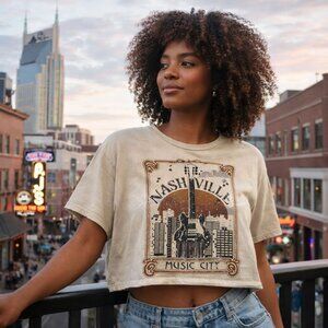 Vintage Nashville Music City Graphic Crop Tee Boxy Fit Made USA Cotton Size M